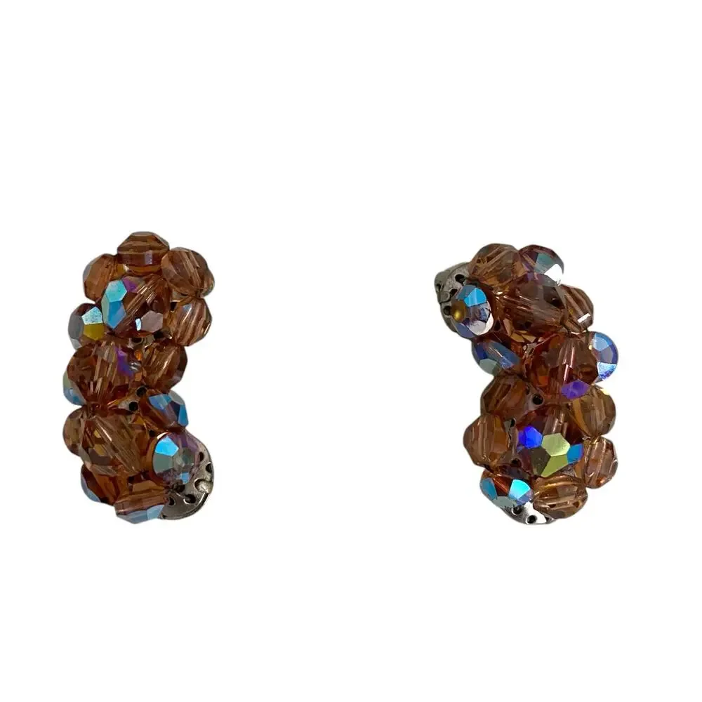 Smoky Topaz Rootbeer Rhinestone Bead Brass Cap Kidney Shape Clip On Earrings